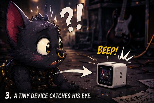 Panel 3 — A tiny device catches his eye.