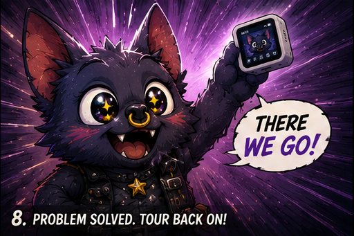 Panel 8 — Problem solved. Tour back on.
