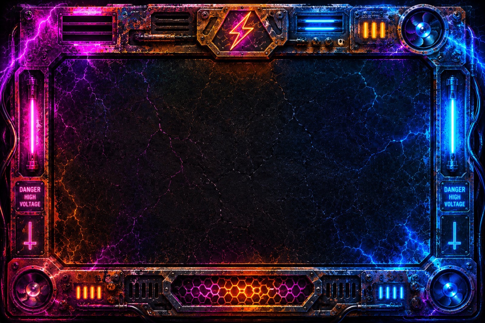 Rusty neon metal frame crackling with pink and blue lightning