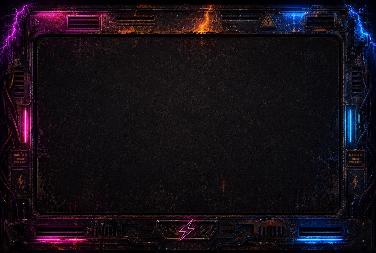 Dark rusty metal frame with pink and blue neon tubes