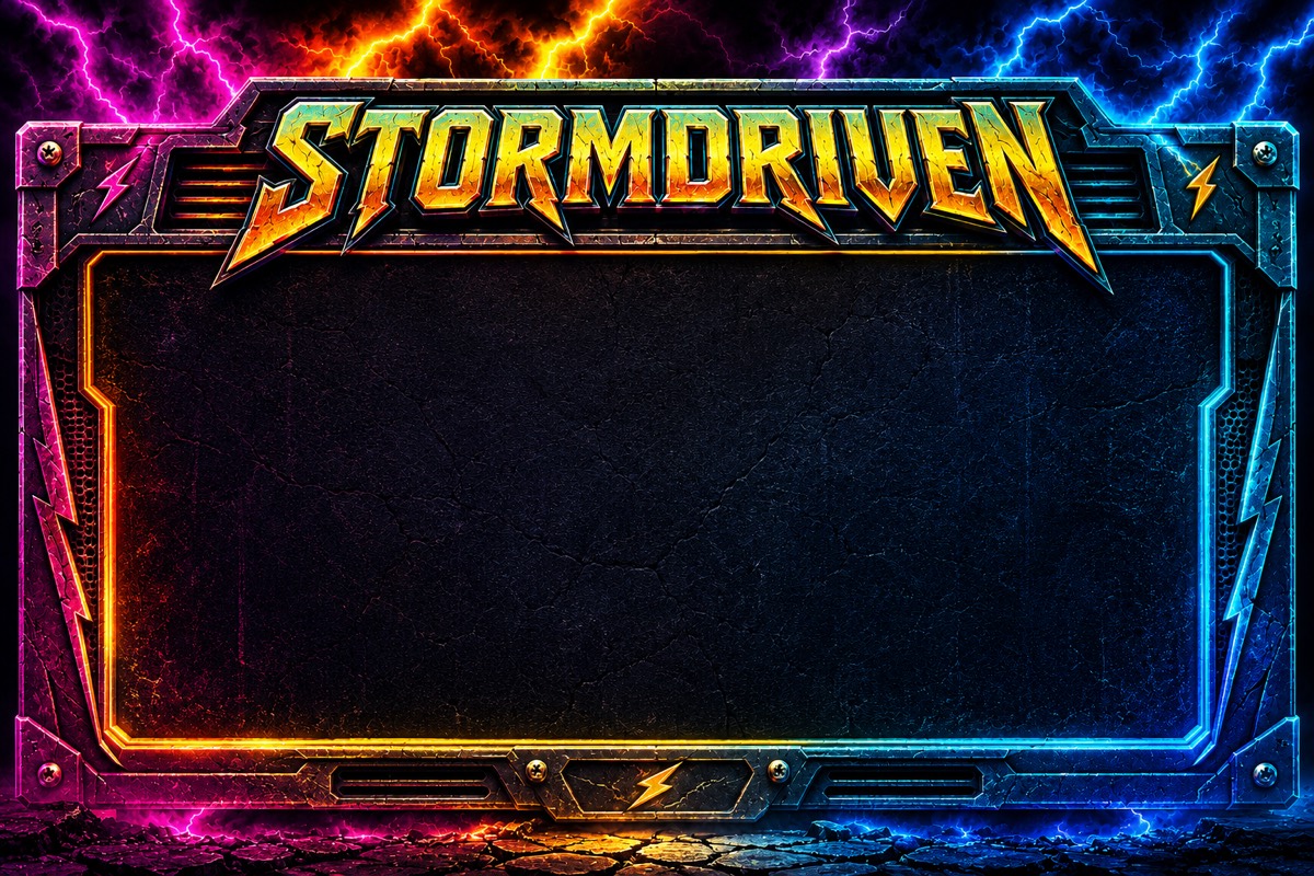 STORMDRIVEN — golden metal logo on a rusty neon frame with lightning