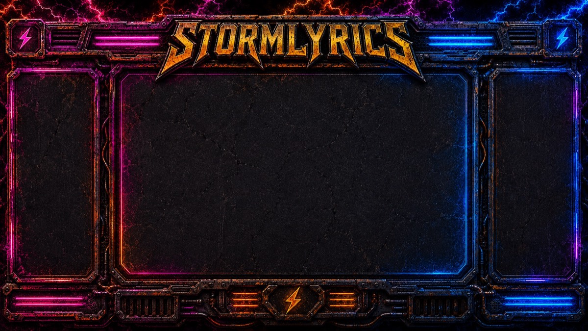 STORMLYRICS — golden metal logo on a rusty neon frame